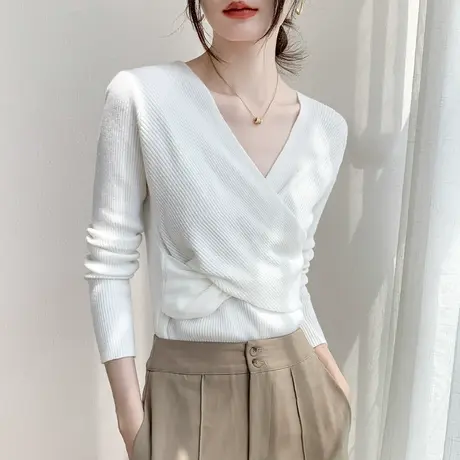 交叉设计感上衣女小众不撞衫针织纯色百搭2023早春修身减龄打底衫商品大图
