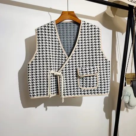小香风针织马甲开衫女秋冬新款宽松v领千鸟格子毛衣马夹背心外套商品大图