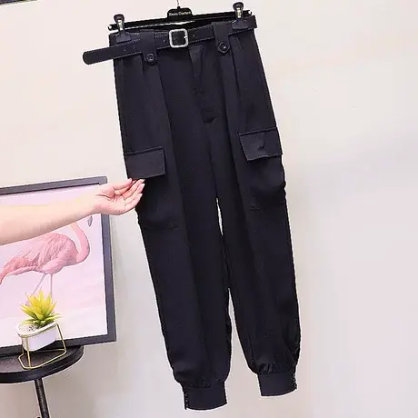 高腰黑色休闲阔腿裤工装裤女2023夏季新款网红bf风宽松束脚哈伦裤商品大图