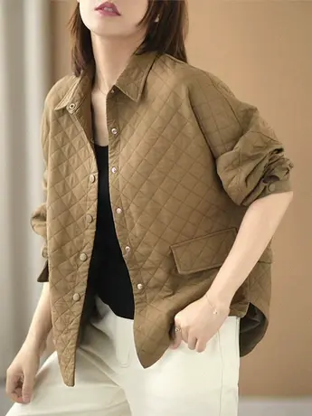 菱形格纹短外套女2023秋季新款韩版宽松复古休闲工装口袋夹克上衣商品大图