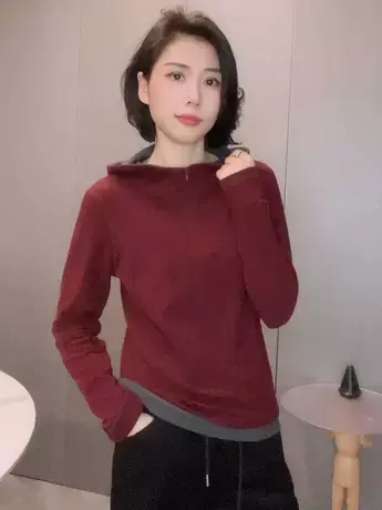 2023欧货秋冬新款德绒长袖连帽绒衫纯色拼接撞色假两件打底上衣潮商品大图