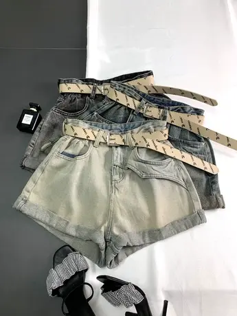 韩版水洗做旧卷边牛仔短裤女2023夏季新款显瘦百搭高腰a字阔腿裤图片