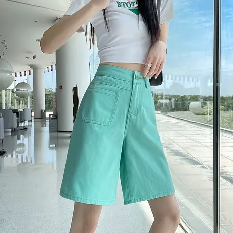 浅蓝色五分牛仔短裤女夏季薄款高腰显瘦5分裤宽松直筒阔腿中裤潮商品大图