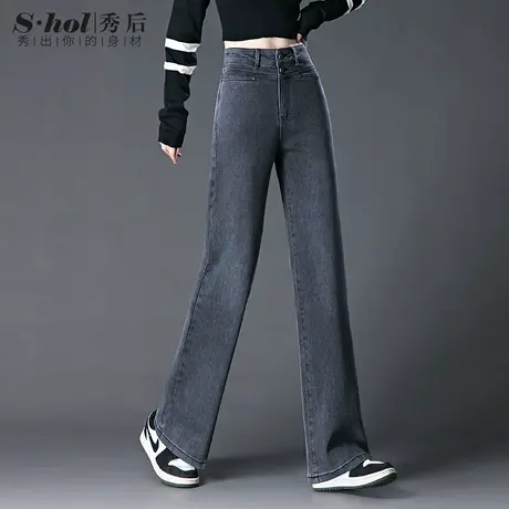 烟灰色复古宽松直筒牛仔裤女2023秋季新款高腰显瘦烟灰色阔腿裤子商品大图