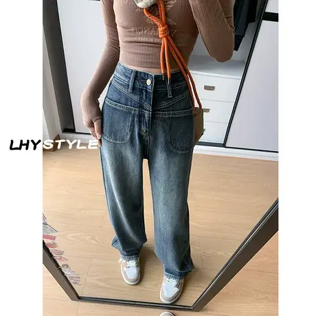 复古蓝窄版阔腿牛仔裤女2023年秋季新款显瘦修身百搭宽松直筒裤子商品大图