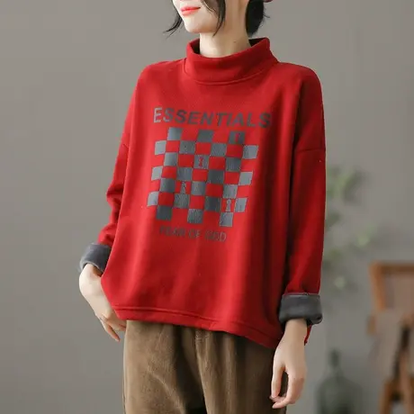 dza 文艺复古短款加绒卫衣女士冬季2023新款高领加厚套头上衣女装商品大图