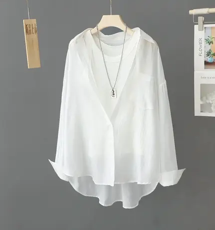 白色衬衫女防晒衫2024夏季新款百搭简约上衣宽松防晒服开衫衬衣潮商品大图