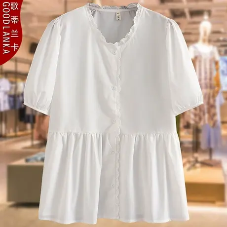 中年胖妈妈夏季衬衣女加肥加大码宽松显瘦时尚减龄花边领短袖衬衫图片
