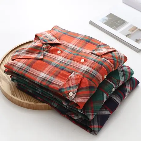 春装简约文艺小清新休闲百搭双层棉纱格子衬衫女长袖宽松叠穿上衣图片