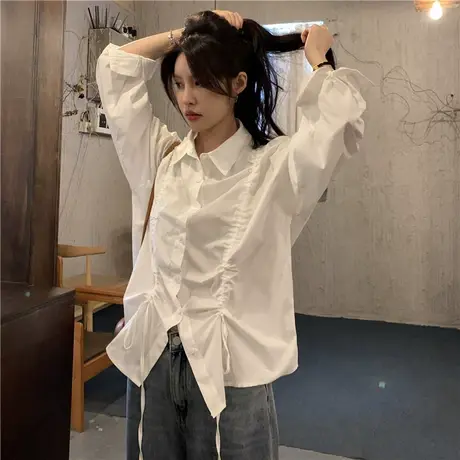 衬衫女2022新款秋季复古港味设计感小众法式高级别致长袖方领上衣商品大图