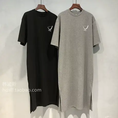 短袖t恤女夏季2021新款韩版ins潮笑脸开叉宽松长款连衣裙子上衣服商品大图