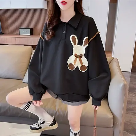 早秋翻领polo衫卫衣女春秋季韩版宽松薄款小个子美式复古上衣外套商品大图