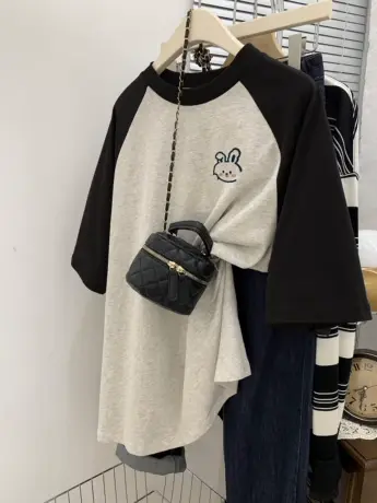 夏季显瘦插肩袖t恤女大码胖mm高级感美式短袖潮牌ins纯棉百搭上衣商品大图