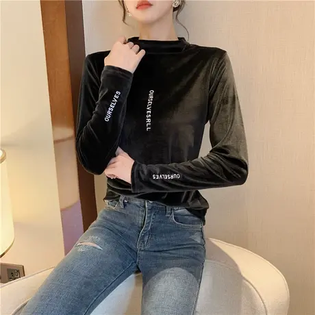 半高领内搭时尚洋气百搭长袖加绒保暖上衣春秋冬金丝绒打底衫女装商品大图