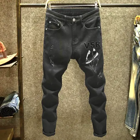 春季高端欧货牛仔裤男修身弹力裤子黑色潮牌图案烫钻磨破小脚长裤图片