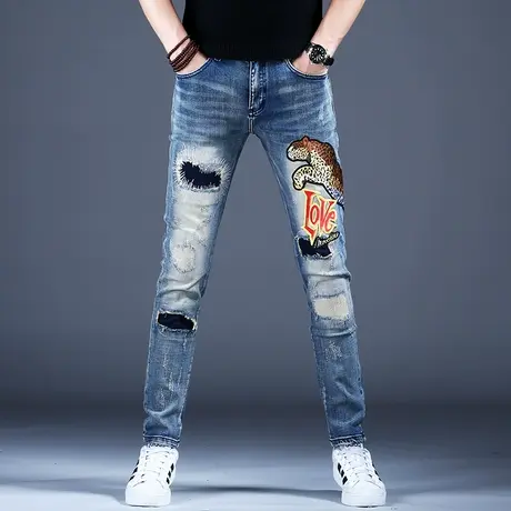 男士破洞刺绣牛仔裤男款高端潮牌秋冬季2023新款裤子弹力休闲高街商品大图