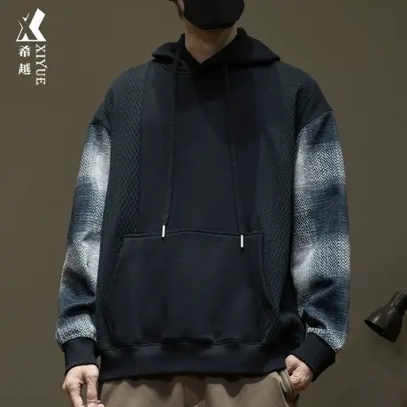 希越重磅加绒加厚连帽卫衣男士冬季潮牌美式宽松大码男士圆领外套商品大图
