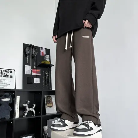 华夫格休闲裤子男秋季长裤黑色宽松阔腿运动裤潮牌美式垂感直筒裤商品大图
