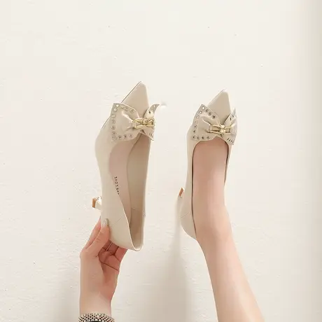 气质高跟鞋女细跟2024年春季新款尖头浅口法式少女蝴蝶结职业单鞋商品大图