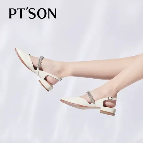 百田森夏季新款玛丽珍包头凉鞋女粗跟仙女风一字钻带后空方头PTS商品大图