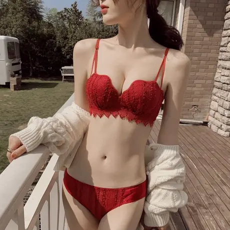 文胸女聚拢小胸柔软云朵杯蕾丝红色结婚上托内衣套装女无钢圈图片