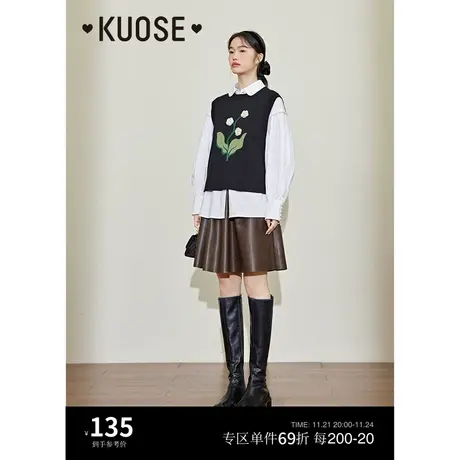 阔色黑色钩花马甲女2023秋冬新款开叉宽松套头圆领马夹无袖背心图片