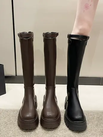 甜酷帅气~欧美辣妹高筒长靴女厚底增高显瘦气质皮带扣加绒骑士靴图片