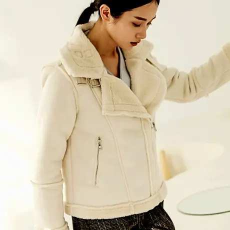 桔熊秋冬季麂皮绒毛加厚机车服保暖夹克高领短外套女大码潮EA3184图片