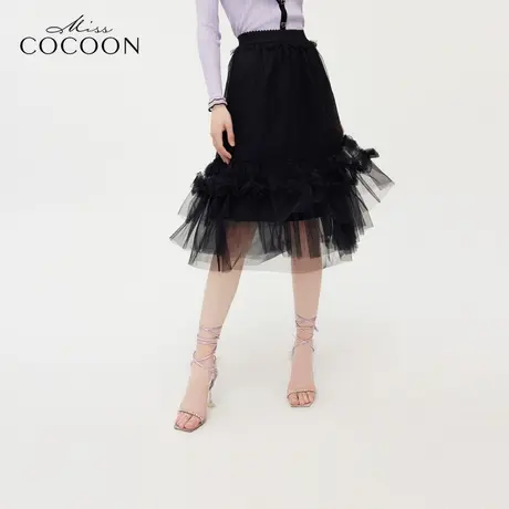 missCOCOON黑色网纱半身裙女2023秋季新款高腰中长款a字蛋糕裙冬图片