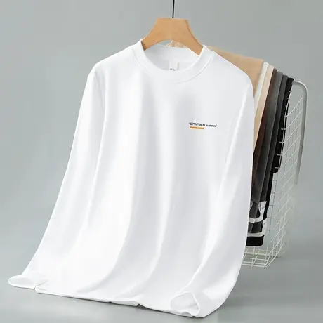 重磅德绒长袖t恤男秋冬白色上衣服双面绒保暖内搭打底衫印花体恤商品大图