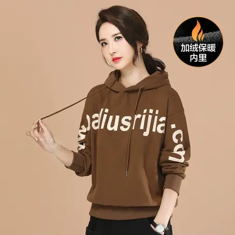 新品88折】美式印花连帽加绒卫衣女2023冬季新款复古宽松休闲上衣商品大图