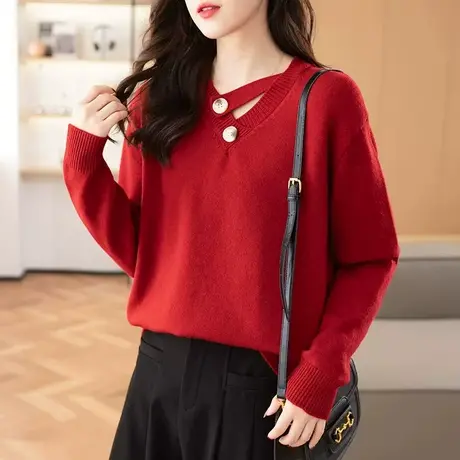 小众设计感纽扣V领毛衣女秋冬洋气慵懒风宽松百搭长袖针织衫上衣商品大图