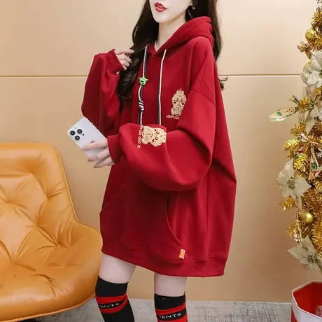 减10】韩版宽松中长款连帽卫衣女2023冬季新款洋气减龄设计感上衣商品大图
