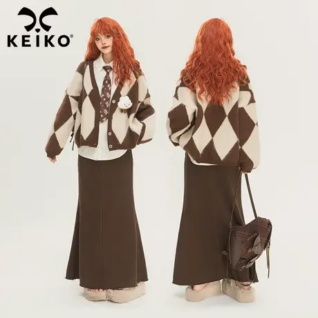 KEIKO 学院风菱格提花短款毛衣开衫女冬季慵懒风加厚款针织外套图片