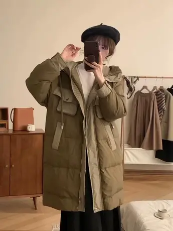 冬季新国标90白鸭绒加厚保暖中长款连帽羽绒服女宽松显瘦休闲外套图片