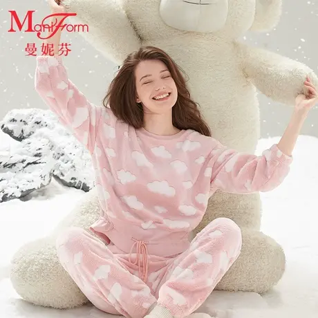 曼妮芬法兰绒厚款女士家居服套装舒适暖绒圆领秋冬睡衣20320526图片