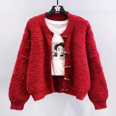 红色牛角扣毛衣外套女冬季2023新款宽松慵懒风外搭洋气针织开衫商品大图