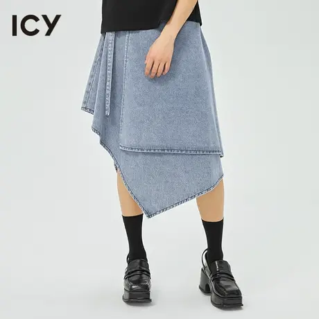 icy春秋新款不对称一片式绑带水洗牛仔半身裙女【MTG设计】图片
