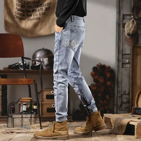 春季新款浅蓝色牛仔裤男款美式机车弹力长裤潮牌刺绣修身小脚裤子商品大图