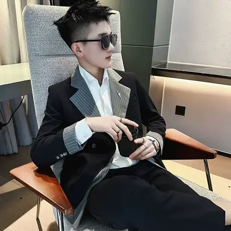 拼色高级感休闲西装外套男2023春秋季新款网红夜店假两件单西上衣商品大图