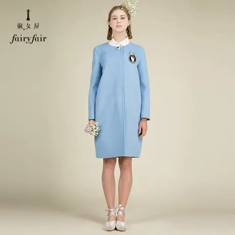 淑女屋毛呢大衣女中长款呢子新款秋冬毛呢外套宽松浅蓝色圆领图片