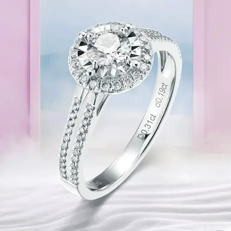 珂兰 白18K金钻石戒指钻戒30分50分车花豪群镶圆形双臂求婚戒指女图片