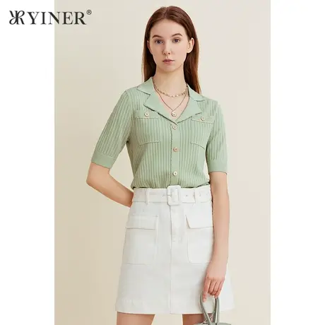 YINER音儿女装夏季小西装领镂空毛针织衫商品大图