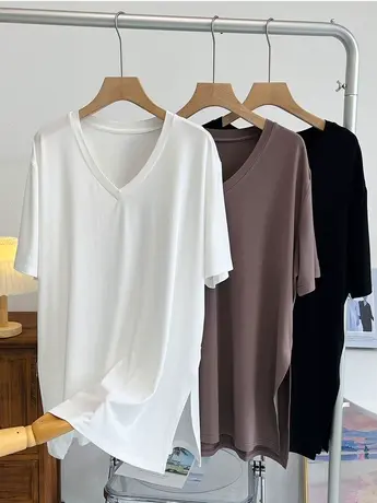 中长款V领莫代尔棉女士t恤短袖夏季新款显瘦开叉宽松遮屁股上衣潮商品大图