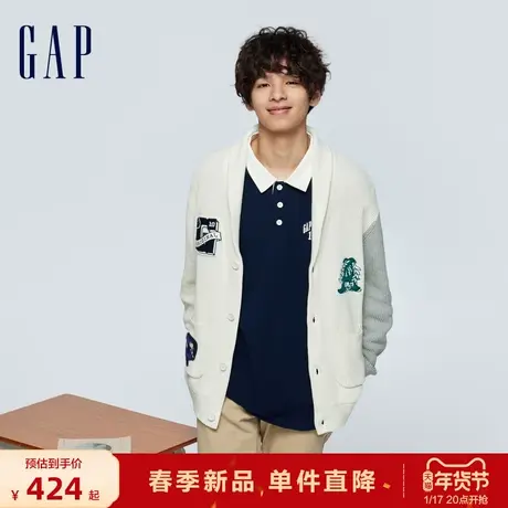 Gap男装春季2024新款LOGO纯棉撞色翻领针织开衫宽松毛衣455189图片