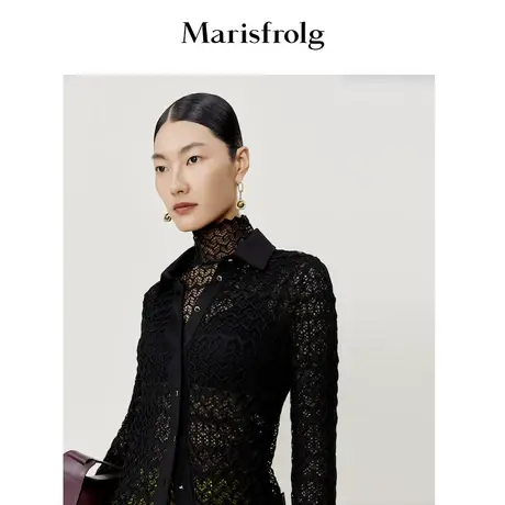 【水波纹提花】玛丝菲尔春季新款黑色镂空微弹衬衫图片