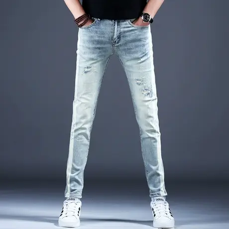 2024新款美式高街破洞牛仔裤男款复古做旧修身小脚裤子男休闲长裤商品大图
