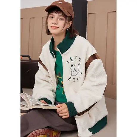 a02冬款2023撞色拼接设计感可爱猫咪重工绣花女式棉衣图片