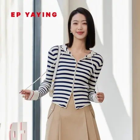 EP YAYING雅莹女装 撞色条纹连帽拉链针织开衫 2024春装新品9116A商品大图