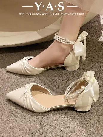 包头凉鞋女中跟2024夏季新款法式珍珠蝴蝶结粗跟尖头晚晚高跟单鞋图片